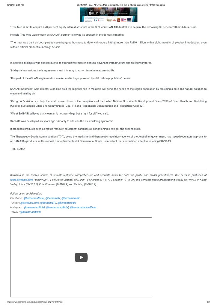 SAN-AIR, Tree-Med to invest RM46.7 mln in Meru's plant, eyeing
RM100 mln sales