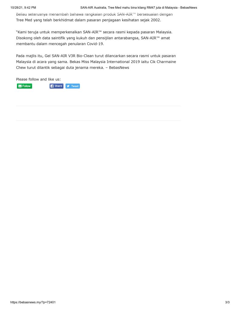 SAN-AIR, Tree-Med to invest RM46.7 mln in Meru's plant, eyeing
RM100 mln sales